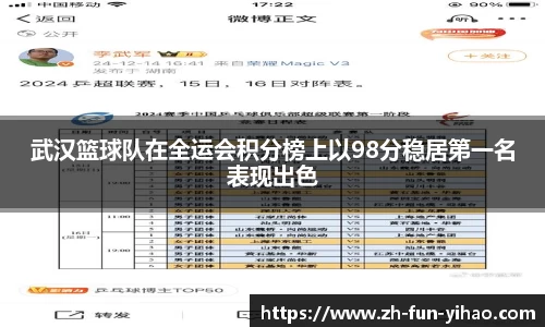 武汉篮球队在全运会积分榜上以98分稳居第一名表现出色